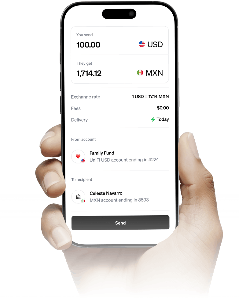 UniFi app showing instant money transfer to Mexico